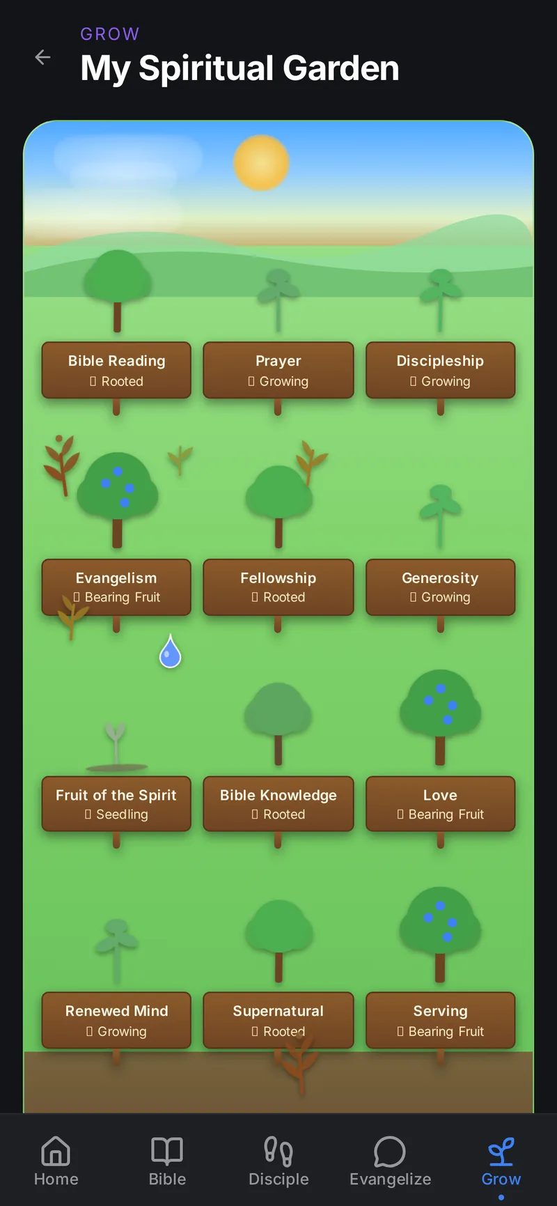 My Spiritual Garden screen showing a tree surrounded by thirteen spiritual health areas